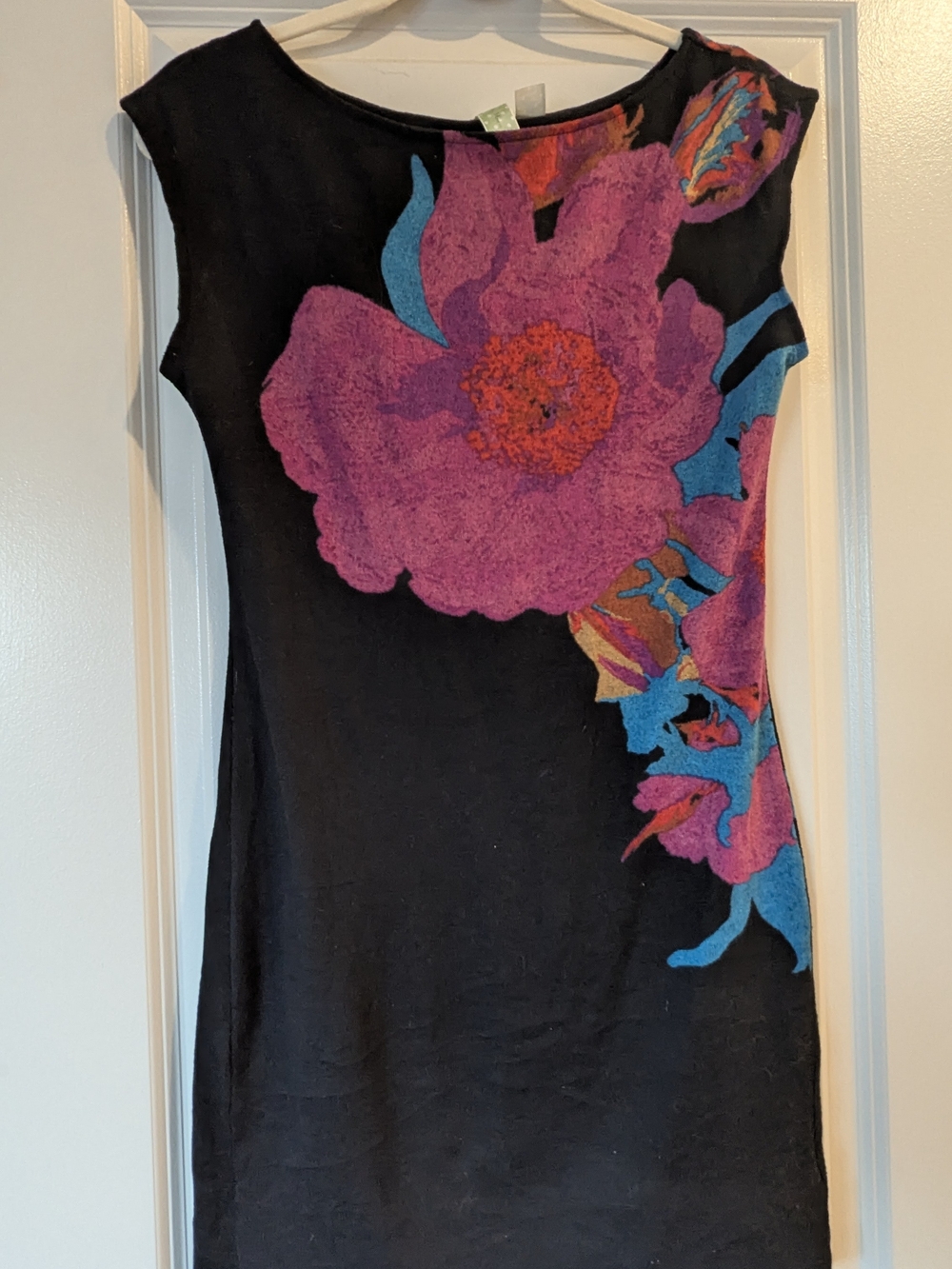 Black Dress with Purple Pink Floral and Teal Accents
